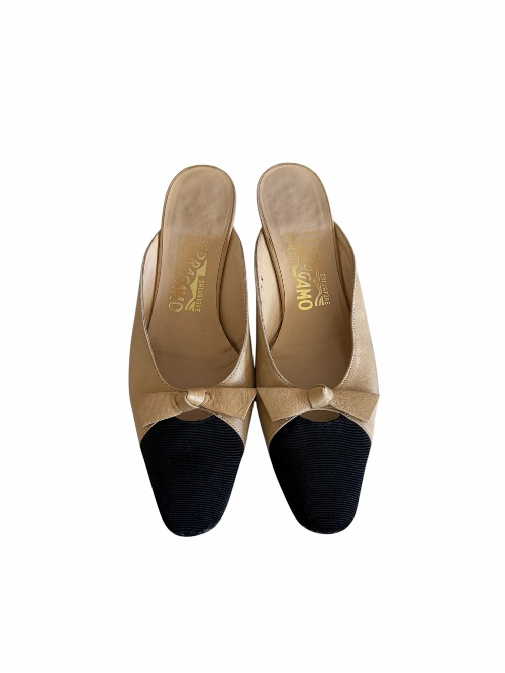 Salvatore Ferragamo Vintage Classic Two-Tone Bow Mules Black & Tan Women’s Heels - Picture 12 of 12
